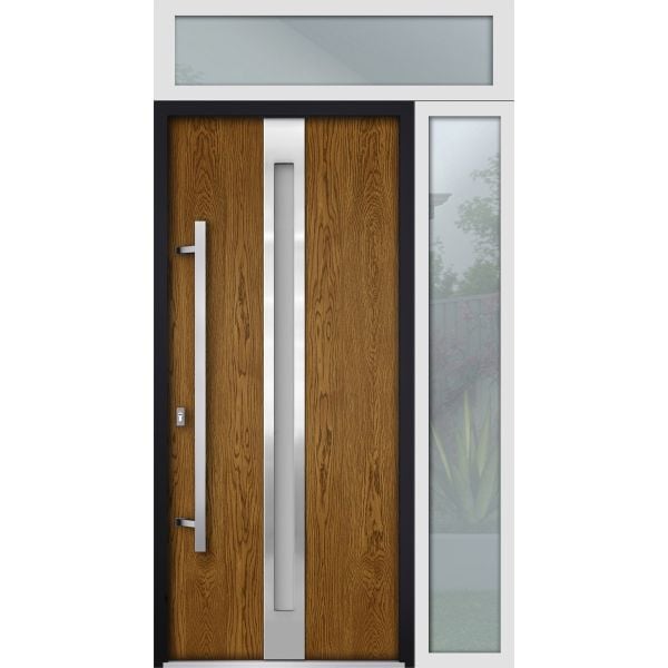 Front Exterior Prehung Steel Door / Deux 1744 Natural Oak / Sidelight and Transom White Window / Stainless Inserts Single Modern Painted-W36+14" x H80+16"-Right-hand Inswing