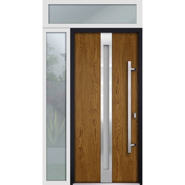 Front Exterior Prehung Steel Door / Deux 1744 Natural Oak / Sidelight and Transom White Window / Stainless Inserts Single Modern Painted-W36+14" x H80+16"-Left-hand Outswing