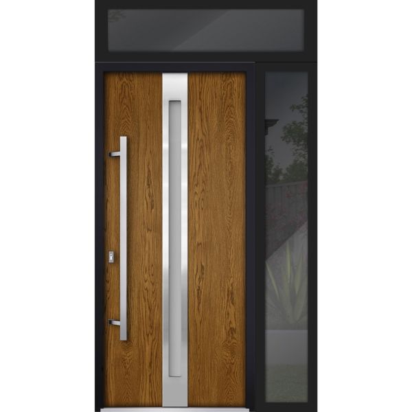 Front Exterior Prehung Steel Door / Deux 1744 Natural Oak / Sidelight and Transom Black Window / Stainless Inserts Single Modern Painted-W36+16" x H80+16"-Right-hand Inswing