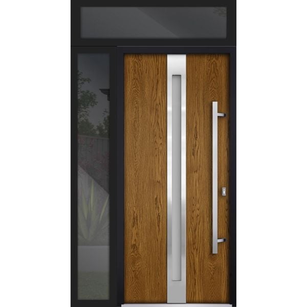 Front Exterior Prehung Steel Door / Deux 1744 Natural Oak / Sidelight and Transom Black Window / Stainless Inserts Single Modern Painted-W36+16" x H80+16"-Left-hand Inswing