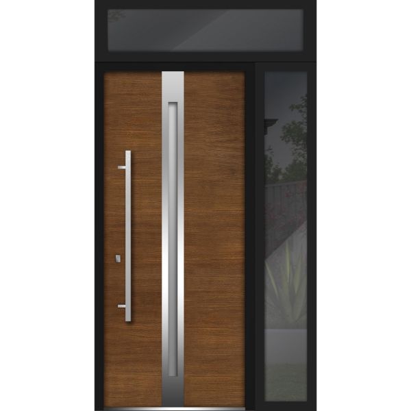 Front Exterior Prehung Steel Door / Deux 1744 Natural Oak / Side and Top Exterior Black Window / Stainless Inserts Single Modern Painted-W36+12" x H80+16"-Right-hand Inswing