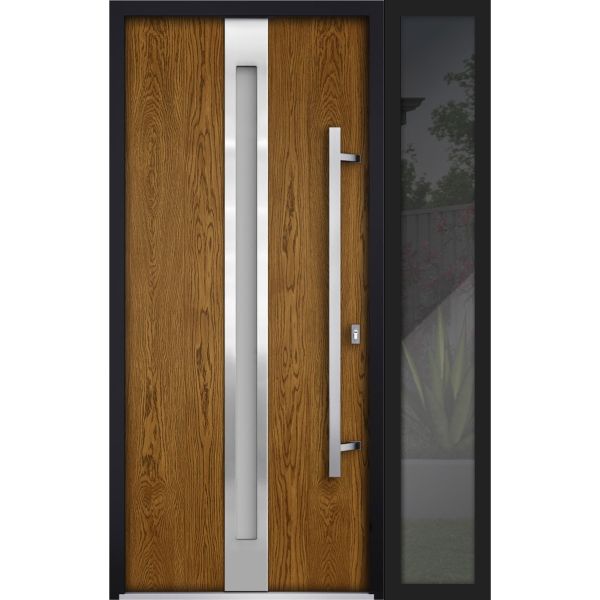 Front Exterior Prehung Steel Door / Deux 1744 Natural Oak / Sidelight Exterior Black Window / Stainless Inserts Single Modern Painted-W36+12" x H80"-Left-hand Inswing