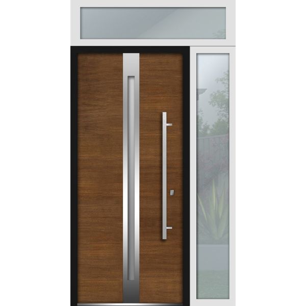 Front Exterior Prehung Steel Door / Deux 1744 Natural Oak / Side and Top Exterior Black Window / Stainless Inserts Single Modern Painted-W36+12" x H80+16"-Right-hand Inswing