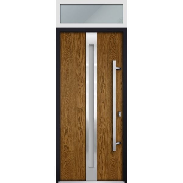 Front Exterior Prehung Steel Door / Deux 1744 Natural Oak / Transom White Window / Stainless Inserts Single Modern Painted-W36" x H80+16"-Left-hand Inswing
