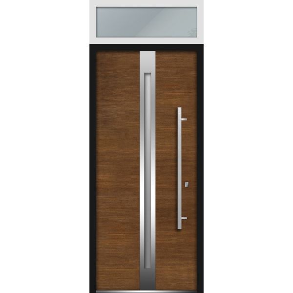 Front Exterior Prehung Steel Door / Deux 1744 Natural Oak / Top Exterior White Window / Stainless Inserts Single Modern Painted-W36" x H80+16"-Right-hand Inswing