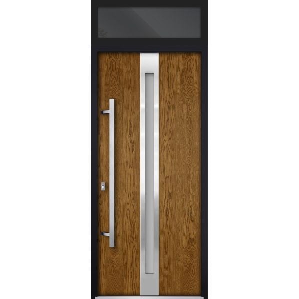 Front Exterior Prehung Steel Door / Deux 1744 Natural Oak / Transom Black Window / Stainless Inserts Single Modern Painted-W36" x H80+16"-Right-hand Outswing