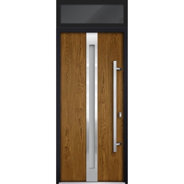 Front Exterior Prehung Steel Door / Deux 1744 Natural Oak / Transom Black Window / Stainless Inserts Single Modern Painted-W36" x H80+16"-Left-hand Inswing