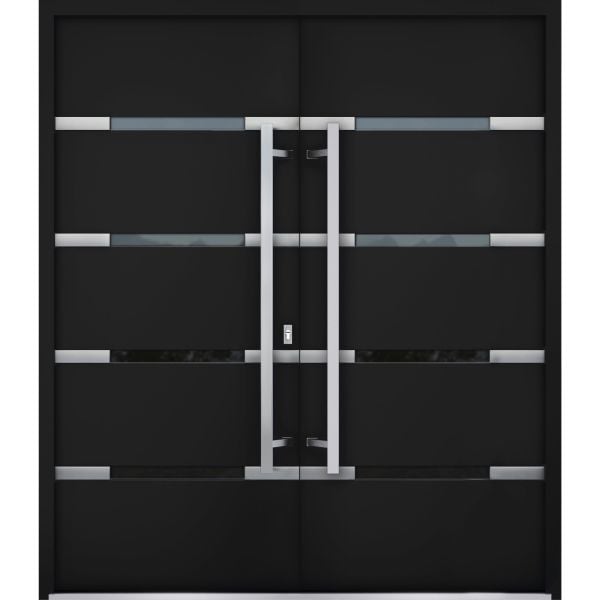 Front Exterior Prehung Steel Double Doors / Deux 1105 Black Enamel / Stainless Inserts Double Modern Painted-Left Hand-W72" x H80"