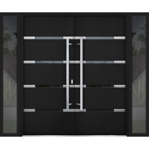 Front Exterior Prehung Steel Double Doors / Deux 1105 Black Enamel / 2 Sidelight Exterior Windows / Stainless Inserts Double Modern Painted-Left Hand-W12+72+12" x H80"