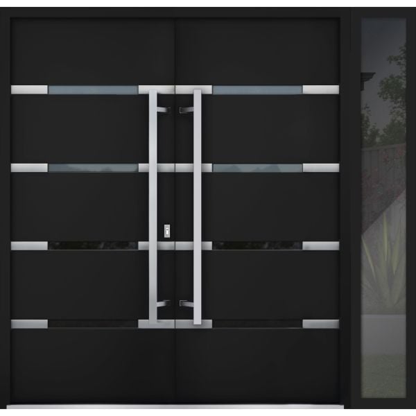 Front Exterior Prehung Steel Double Doors / Deux 1105 Black Enamel / Sidelight Exterior Window / Stainless Inserts Double Modern Painted-Right Hand-W72+12" x H80"