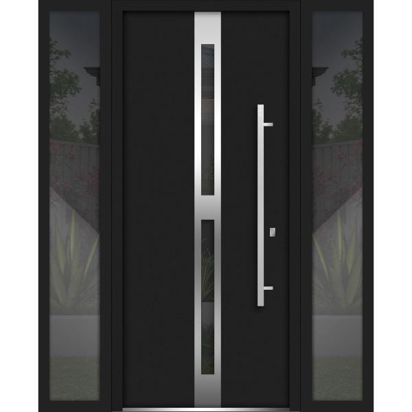 Front Exterior Prehung Steel Door / Deux 1755 Black Enamel / 2 Sidelight Exterior Windows / Stainless Inserts Single Modern Painted-W16+36+16" x H80"-Left-hand Inswing