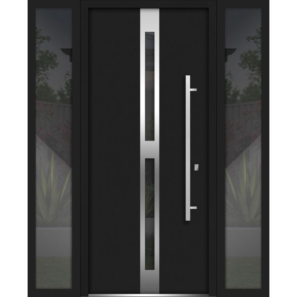 Front Exterior Prehung Steel Door / Deux 1755 Black Enamel / 2 Sidelight Exterior Windows / Stainless Inserts Single Modern Painted-W12+36+12" x H80"-Left-hand Inswing