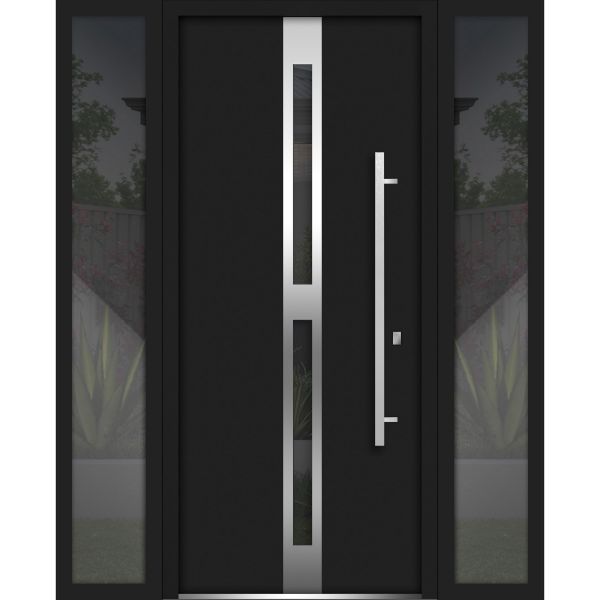 Front Exterior Prehung Steel Door / Deux 1755 Black Enamel / 2 Sidelight Exterior Windows / Stainless Inserts Single Modern Painted-W14+36+14" x H80"-Left-hand Inswing