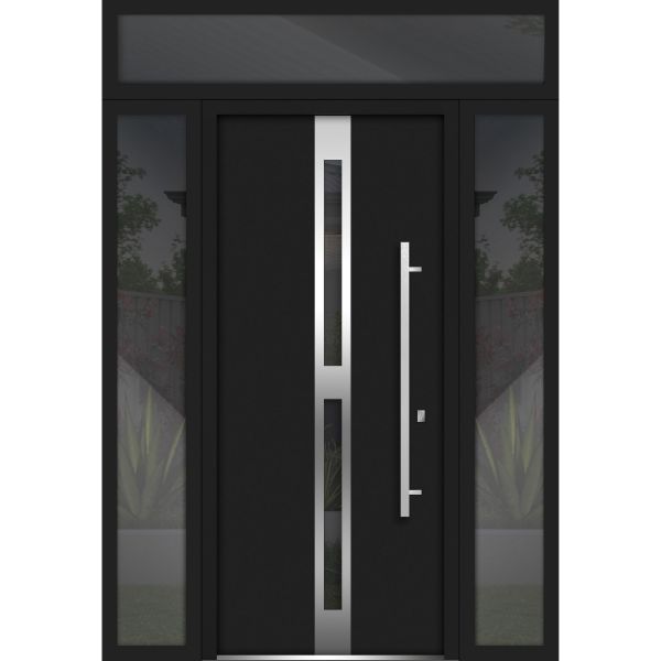 Front Exterior Prehung Steel Door / Deux 1755 Black Enamel / 2 Sidelight and Transom Window / Stainless Inserts Single Modern Painted-W16+36+16" x H80+16"-Left-hand Inswing