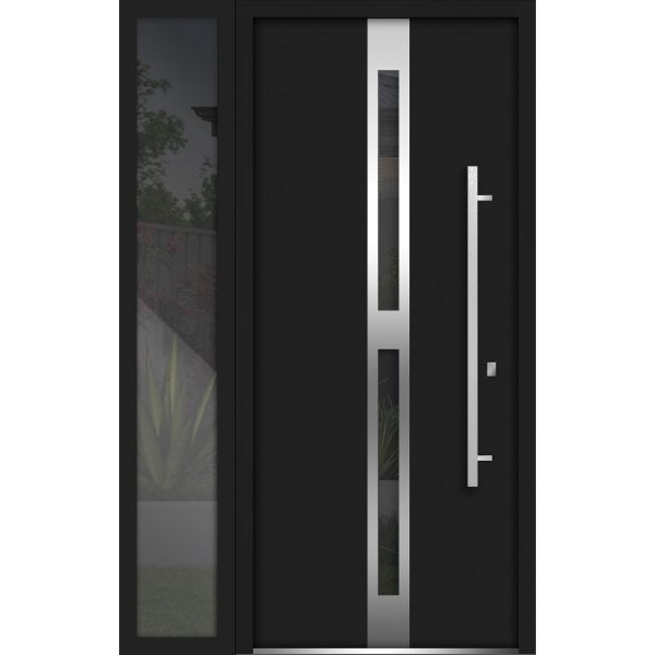 Front Exterior Prehung Steel Door / Deux 1755 Black Enamel / Sidelight Exterior Window / Stainless Inserts Single Modern Painted-W36+14" x H80"-Left-hand Inswing
