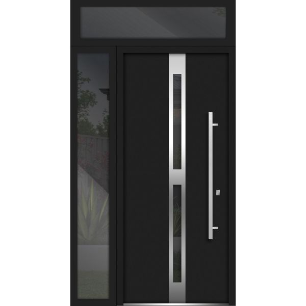 Front Exterior Prehung Steel Door / Deux 1755 Black Enamel / Sidelight and Transom Window / Stainless Inserts Single Modern Painted-W36+14" x H80+16"-Left-hand Inswing