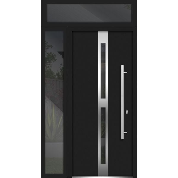 Front Exterior Prehung Steel Door / Deux 1755 Black Enamel / Sidelight and Transom Window / Stainless Inserts Single Modern Painted-W36+16" x H80+16"-Left-hand Inswing