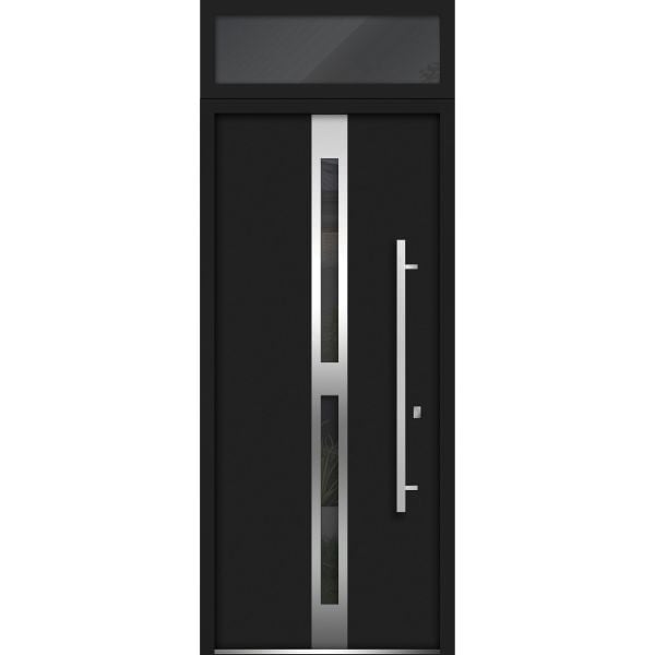 Front Exterior Prehung Steel Door / Deux 1755 Black Enamel / Transom Window / Stainless Inserts Single Modern Painted-W36" x H80+16"-Left-hand Inswing