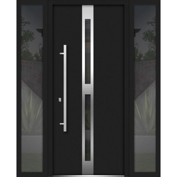 Front Exterior Prehung Steel Door / Deux 1755 Black Enamel / 2 Sidelight Exterior Windows / Stainless Inserts Single Modern Painted-W16+36+16" x H80"-Right-hand Inswing