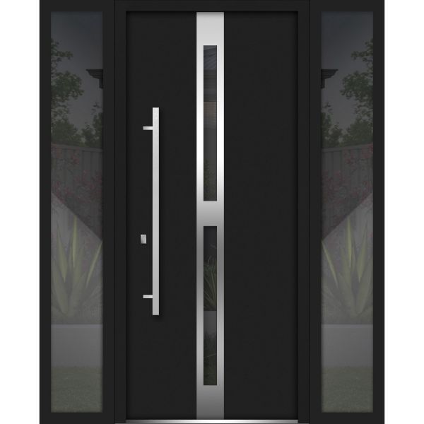 Front Exterior Prehung Steel Door / Deux 1755 Black Enamel / 2 Sidelight Exterior Windows / Stainless Inserts Single Modern Painted-W14+36+14" x H80"-Right-hand Inswing