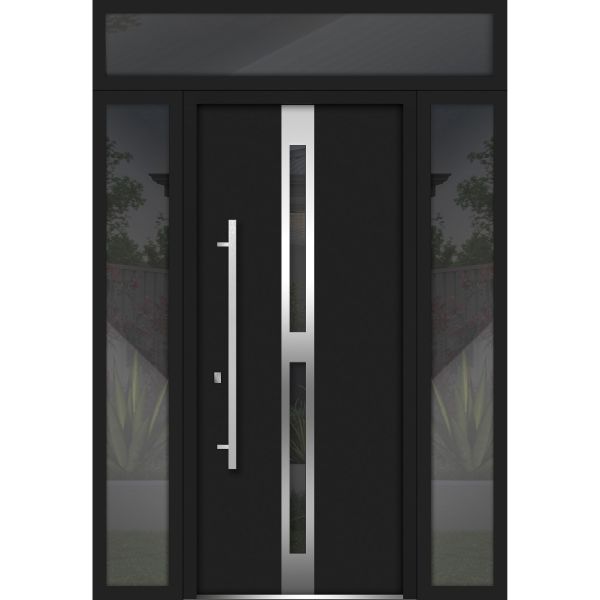 Front Exterior Prehung Steel Door / Deux 1755 Black Enamel / 2 Sidelight and Transom Window / Stainless Inserts Single Modern Painted-W16+36+16" x H80+16"-Right-hand Inswing