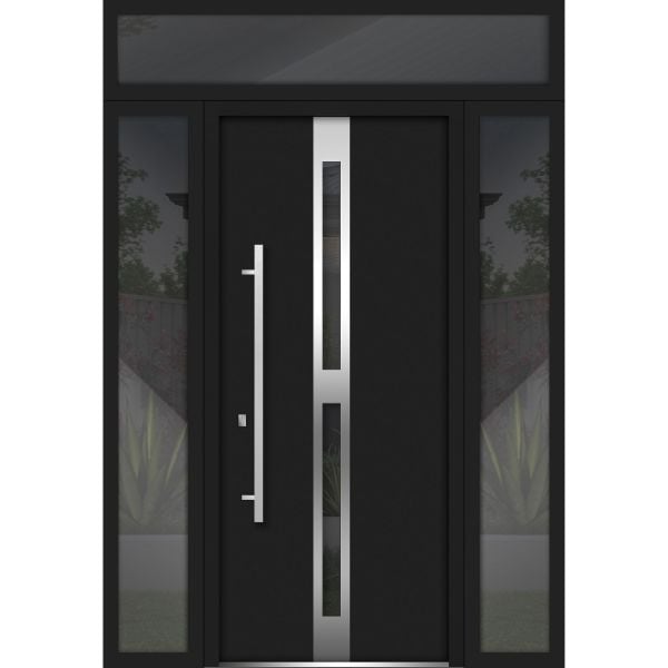 Front Exterior Prehung Steel Door / Deux 1755 Black Enamel / 2 Side and Top Exterior Window / Stainless Inserts Single Modern Painted-W12+36+12" x H80+16"-Right-hand Inswing
