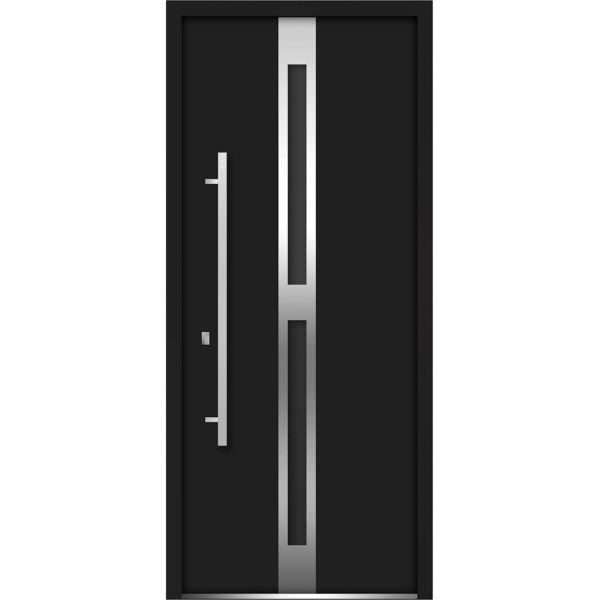 Front Exterior Prehung Steel Door / Deux 1755 Black Enamel / Stainless Inserts Single Modern Painted