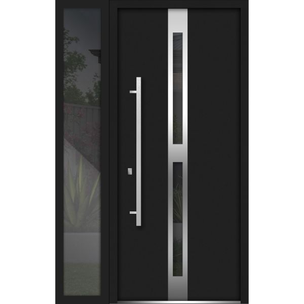Front Exterior Prehung Steel Door / Deux 1755 Black Enamel / Sidelight Exterior Window / Stainless Inserts Single Modern Painted-W36+14" x H80"-Right-hand Inswing