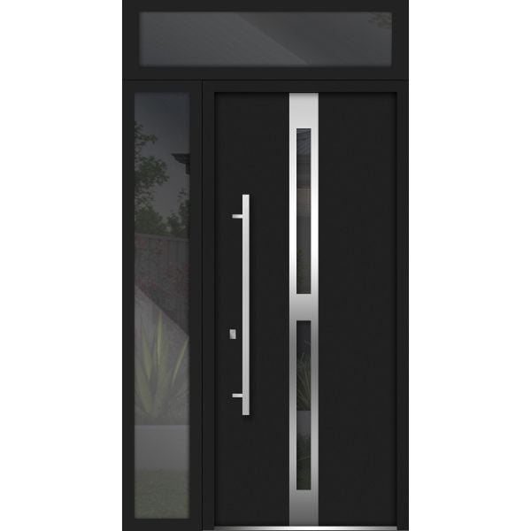 Front Exterior Prehung Steel Door / Deux 1755 Black Enamel / Sidelight and Transom Window / Stainless Inserts Single Modern Painted-W36+14" x H80+16"-Right-hand Inswing