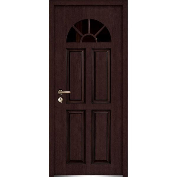 Front Exterior Prehung Glass Steel Door / Ballucio 1788 Dark Brown Oak / Panel Single Classic Painted White