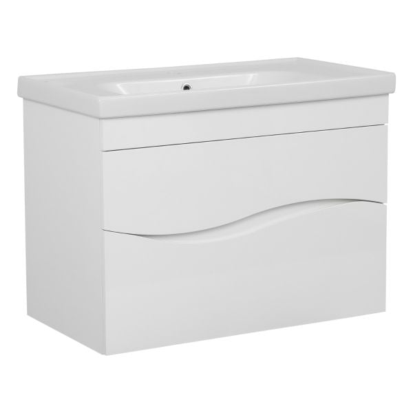 Modern Wall-Mount Bathroom Vanity with Washbasin | Wave White High Gloss Collection | Non-Toxic Fire-Resistant MDF