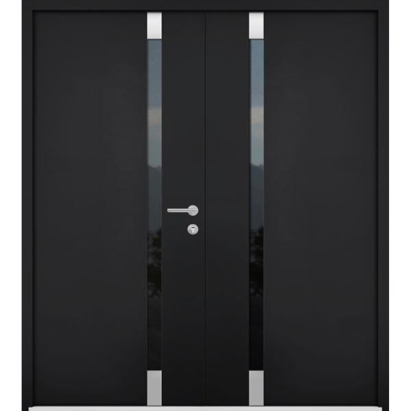 Front Exterior Prehung Steel Double Doors / Cynex 6777 Black / Stainless Inserts Single Modern Painted