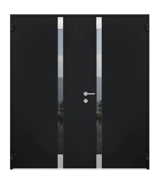 Front Exterior Prehung Steel Double Doors / Cynex 6777 Black / Stainless Inserts Single Modern Painted-W72" x H80"-Left-hand Outswing