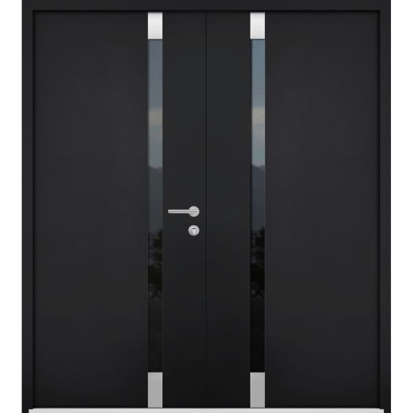 Front Exterior Prehung Steel Double Doors / Cynex 6777 Black / Stainless Inserts Single Modern Painted-W72" x H80"-Left-hand Inswing