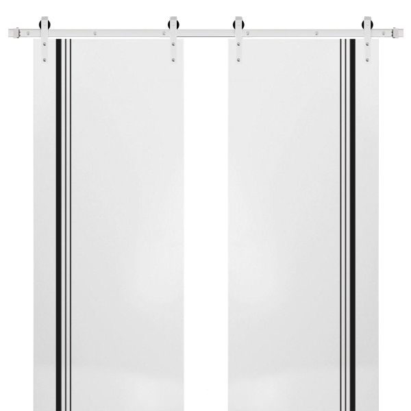 Sturdy Double Barn Door with Hardware | Planum 0011 White Silk | Silver 13FT Rail Hangers Heavy Set | Modern Solid Panel Interior Doors