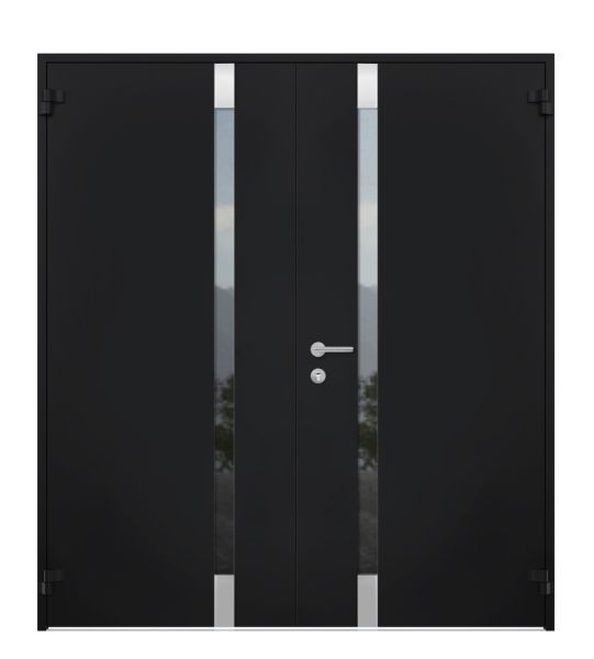 Front Exterior Prehung Steel Double Doors / Cynex 6777 Black / Stainless Inserts Single Modern Painted-W72" x H80"-Right-hand Outswing