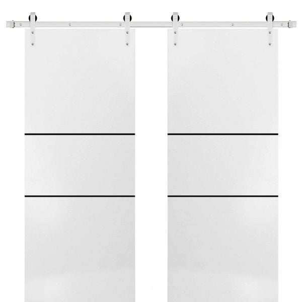 Sturdy Double Barn Door with Hardware | Planum 0014 White Silk | Silver 13FT Rail Hangers Heavy Set | Modern Solid Panel Interior Doors