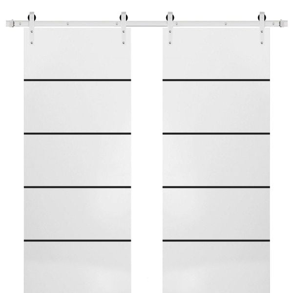 Sturdy Double Barn Door with Hardware | Planum 0015 White Silk | Silver 13FT Rail Hangers Heavy Set | Modern Solid Panel Interior Doors