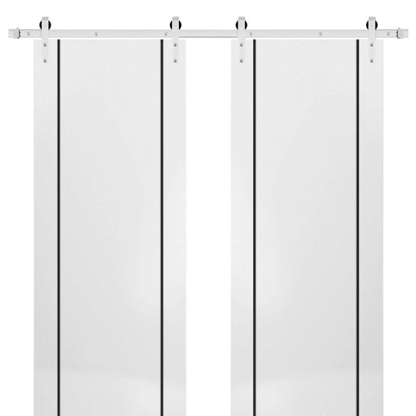Sturdy Double Barn Door with Hardware | Planum 0017 White Silk | 13FT Rail Hangers Heavy Set | Modern Solid Panel Interior Doors-36" x 80" (2* 18x80)-Silver Rail