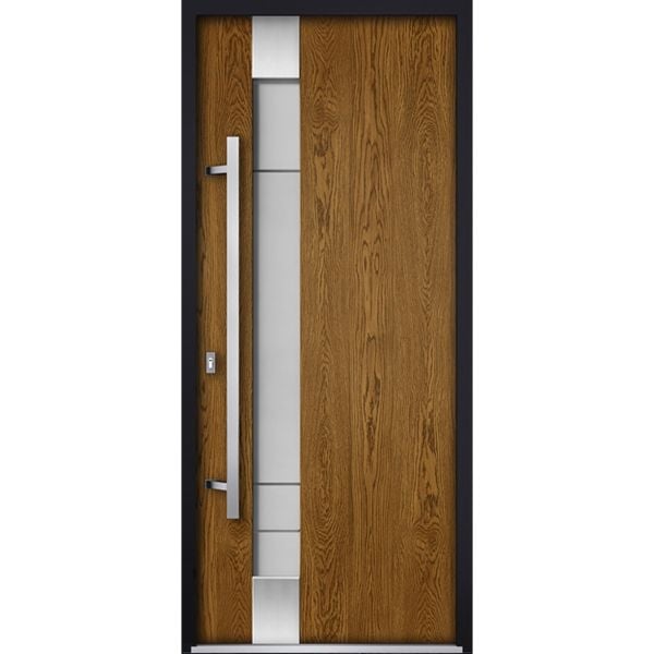 Front Exterior Prehung Steel Door / Deux 1713 Natural Oak / Top Exterior Black Window / Stainless Inserts Single Modern Painted