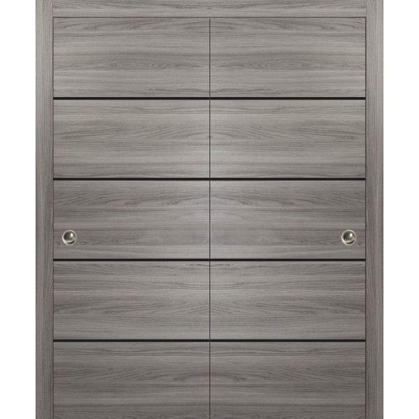 Sliding Closet Bypass Doors | Planum 0015 Ginger Ash and Aluminum Strips | Sturdy Top Mount Rails Moldings Trims Hardware Set | Wood Solid Bedroom Wardrobe Doors -48" x 84" (2* 24x84)