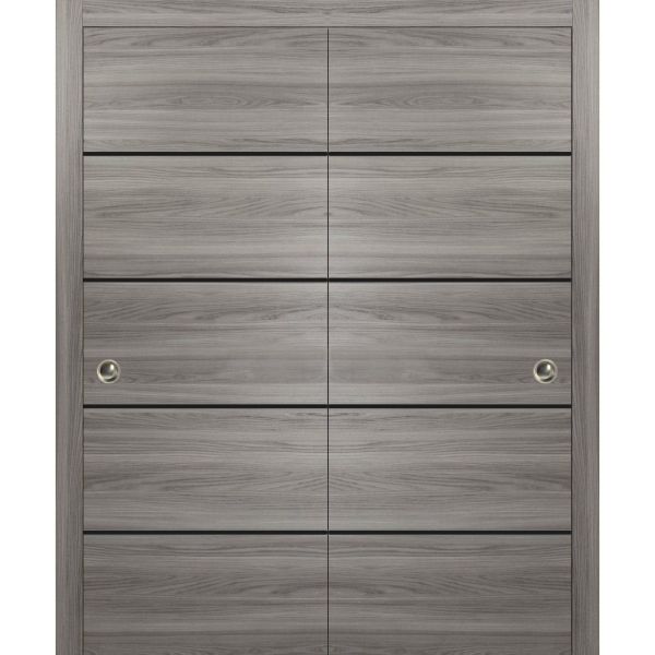 Sliding Closet Bypass Doors | Planum 0015 Ginger Ash and Aluminum Strips | Sturdy Top Mount Rails Moldings Trims Hardware Set | Wood Solid Bedroom Wardrobe Doors -48" x 96" (2* 24x96)