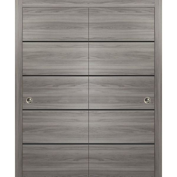 Sliding Closet Bypass Doors | Planum 0015 Ginger Ash and Aluminum Strips | Sturdy Top Mount Rails Moldings Trims Hardware Set | Wood Solid Bedroom Wardrobe Doors -56" x 84" (2* 28x84)