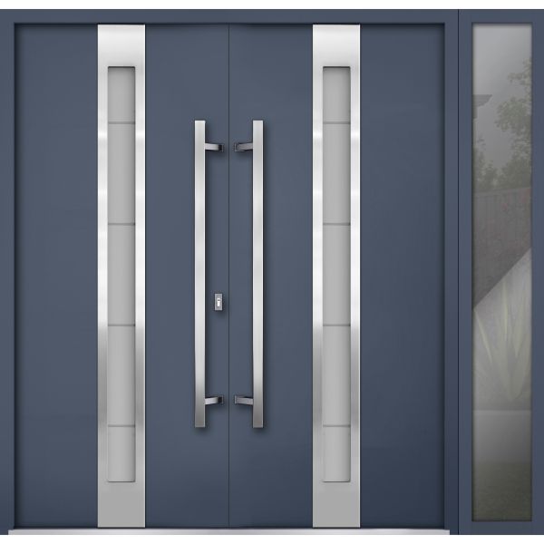 Front Exterior Prehung Steel Double Doors / Deux 1717 Gray Graphite / Sidelight Exterior Window / Stainless Inserts Single Modern Painted-W72+14" x H80"