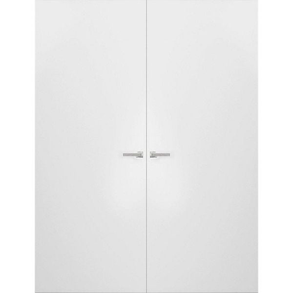 Modern Solid Double Hidden Door with Handle | Planum 0010 Primed with Silver Hidden Frame 56" x 96" Right-hand Outswing Silver Frame | Hinges Lock Handle | Modern Wardrobe Wood Solid Doors