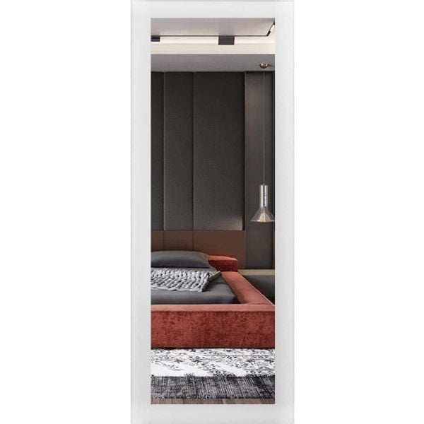 Slab Barn Door Panel | Lucia 1299 White Silk with Mirror | Sturdy Finished Doors | Pocket Closet Sliding