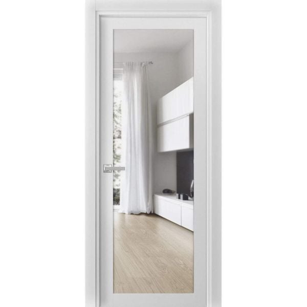 Solid French Door Clear Glass | Lucia 2166 White Silk | Single Regular Panel Frame Trims Handle | Bathroom Bedroom Sturdy Doors  -18" x 80"-Clear Glass-Butterfly