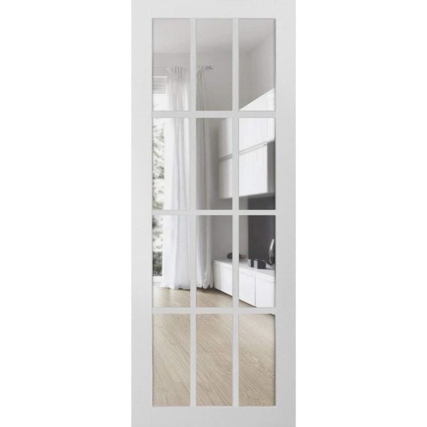 Slab Barn Door Panel Clear Glass 12 lites | Felicia 3355 Matte White | Sturdy Finished Doors | Pocket Closet Sliding -18" x 80"-Clear