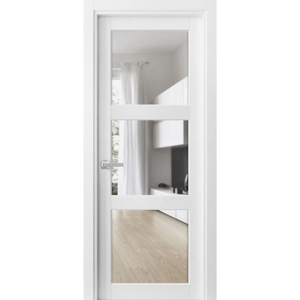 Solid French Door Clear Glass 3 Lites | Lucia 2555 White Silk | Single Regular Panel Frame Trims Handle | Bathroom Bedroom Sturdy Doors