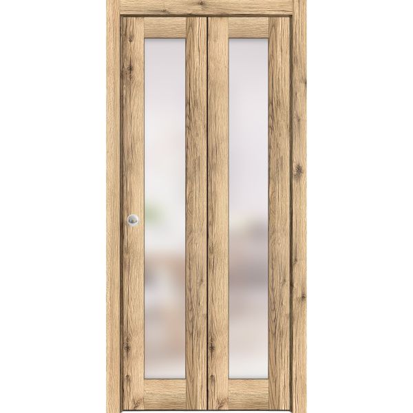 Sliding Closet Bi-fold Doors | Planum 2102 Oak  with Frosted Glass | Sturdy Tracks Moldings Trims Hardware Set | Wood Solid Bedroom Wardrobe Doors 